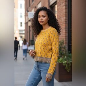 Free People Mustard Yellow Patterned Long Sleeve Tee